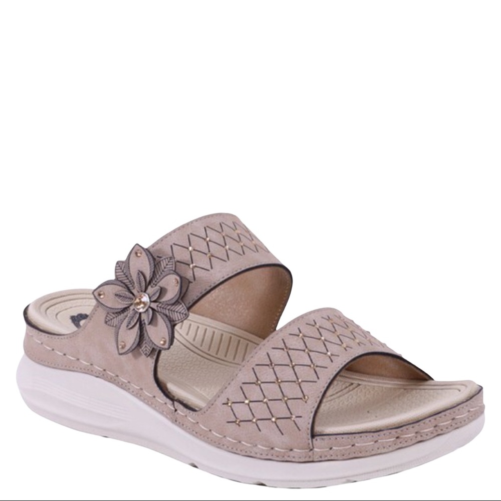 Italina Taupe Floral Gem Rosette Chunky Comfort Padded Slide On Wedge Sandals